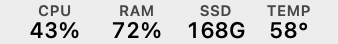 Nabız in the menu bar: CPU 43%, RAM 72%, SSD 168G free, temperature 58°